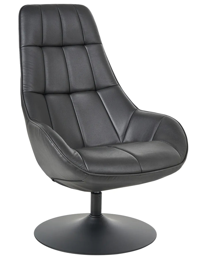 A modern high-back swivel lounge chair upholstered in dark gray faux leather, featuring a segmented tufted backrest and a round black metal pedestal base, shown against a plain white background.