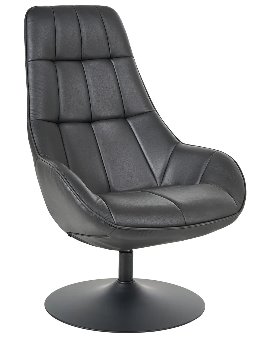 A modern high-back swivel lounge chair upholstered in dark gray faux leather, featuring a segmented tufted backrest and a round black metal pedestal base, shown against a plain white background.