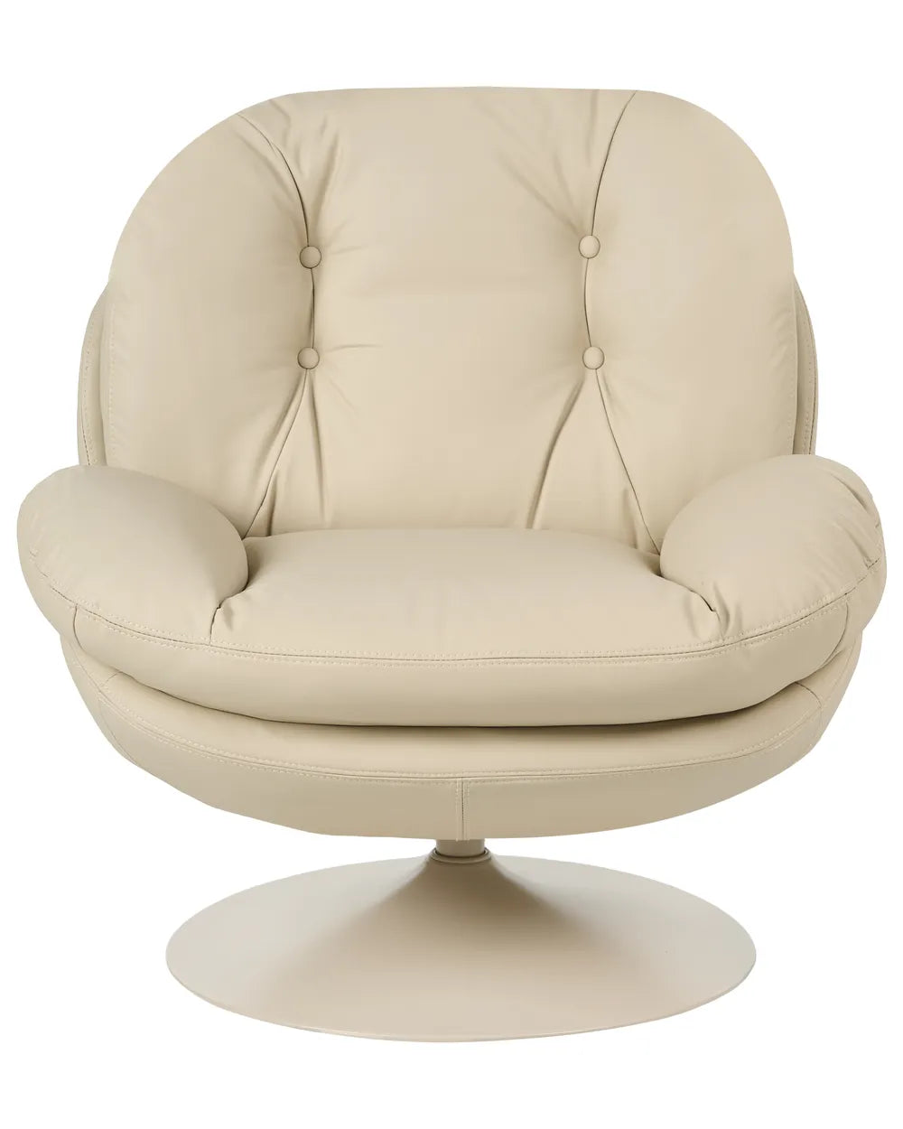 A modern tufted swivel lounge chair upholstered in cream-colored leather or faux leather, featuring a circular pedestal base.
