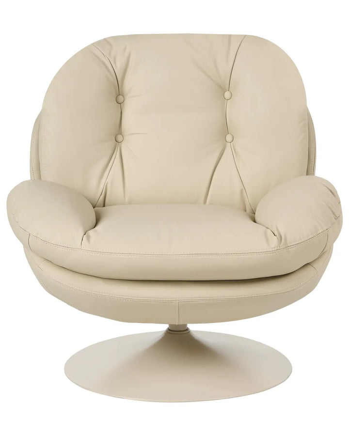 A modern tufted swivel lounge chair upholstered in cream-colored leather or faux leather, featuring a circular pedestal base.