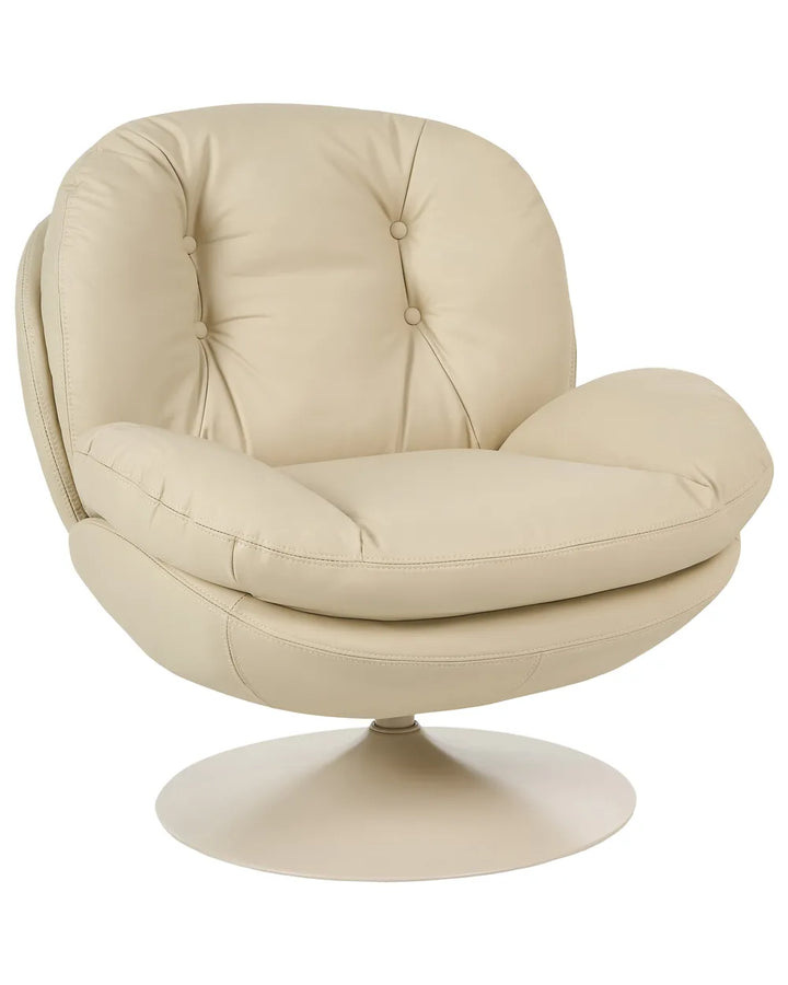 A modern swivel lounge chair upholstered in light beige leather, featuring a tufted backrest and a round pedestal base, shown against a plain white background.