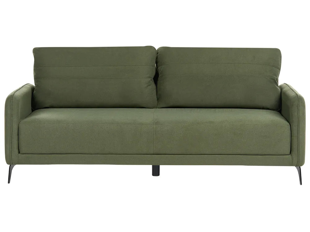 An olive green fabric loveseat sofa with two back cushions and slim black metal legs, shown against a plain white background.