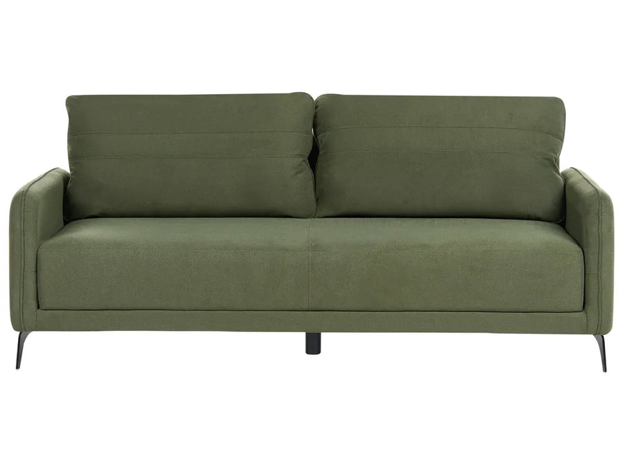 An olive green fabric loveseat sofa with two back cushions and slim black metal legs, shown against a plain white background.