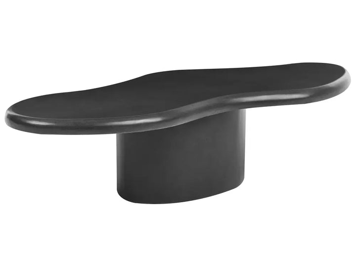 A modern black coffee table with a curved, organic-shaped top and a cylindrical pedestal base, shown against a plain white background.