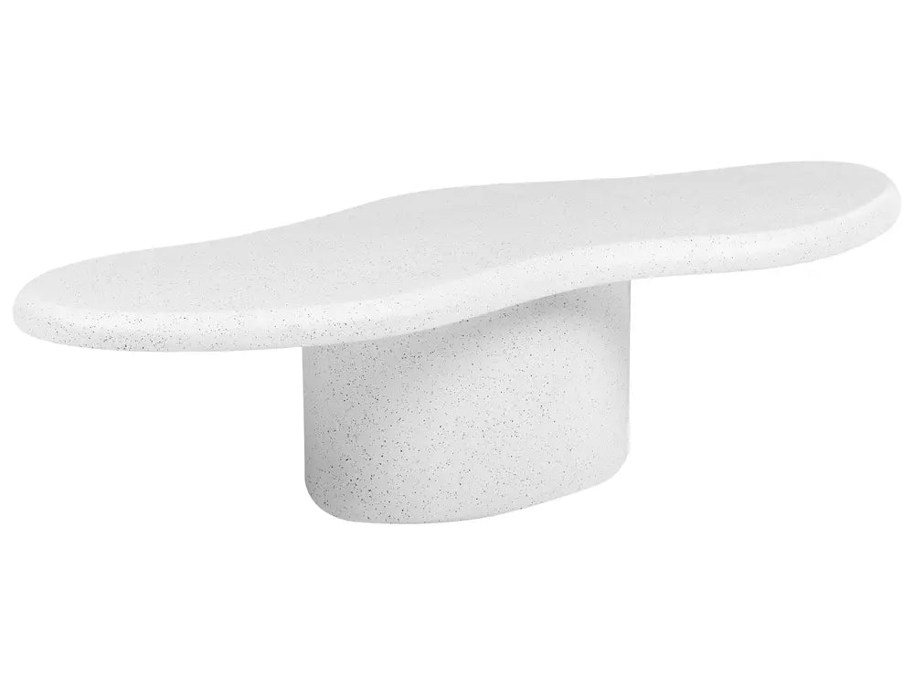 A modern, minimalist concrete bench with a rounded, elongated oval top and a cylindrical pedestal base, shown on a solid white background.