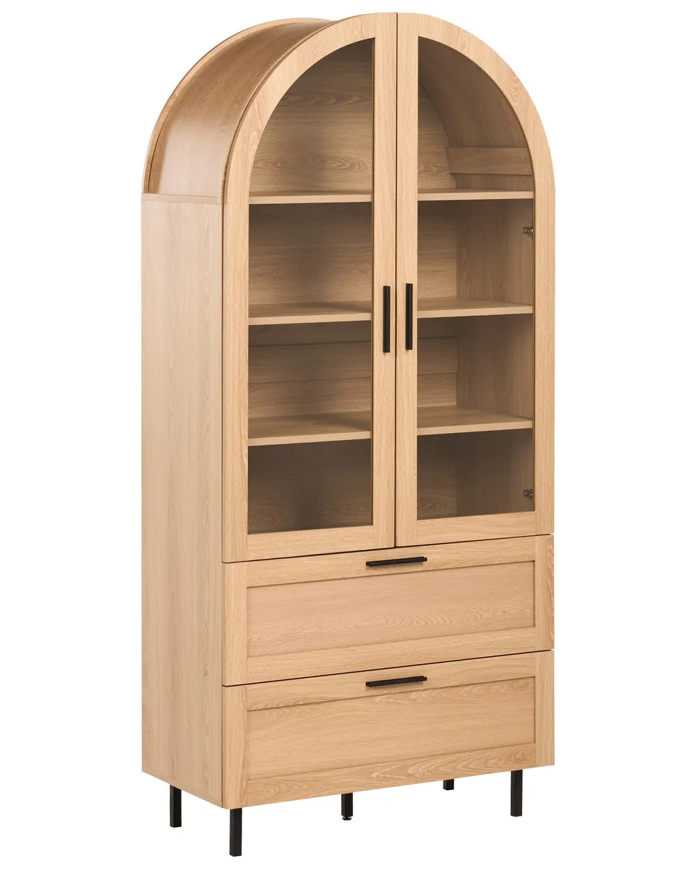 A tall light oak wood cabinet with an arched top, two glass-front upper doors with black handles, four interior shelves, two lower drawers with black handles, and slim black legs, shown on a white background.