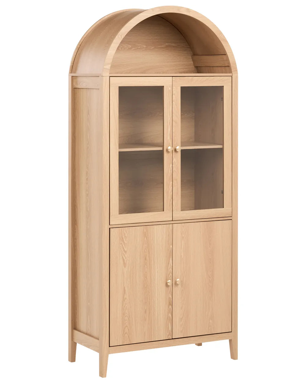 A tall light oak wood hutch cabinet with an arched top, two upper glass-front doors with small round knobs, and two lower solid wood doors with larger round knobs, shown on a plain white background.