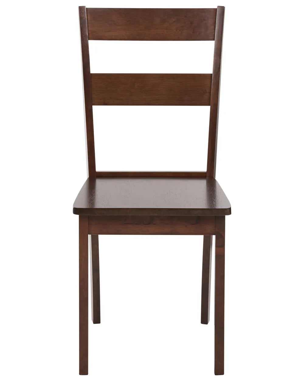 A dark brown wooden dining chair with a three-rail ladder back and a square seat, shown from a front-facing perspective on a solid white background.