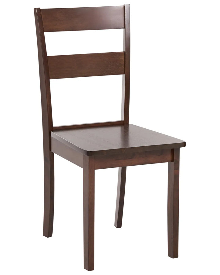 A dark brown wooden dining chair with a three-rail ladder back and a square seat, shown from a three-quarter angle on a white background.