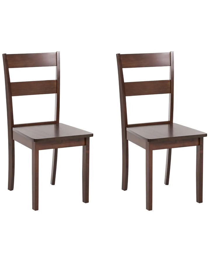 Two matching wooden dining chairs with a dark brown finish, shown from the front against a plain white background.