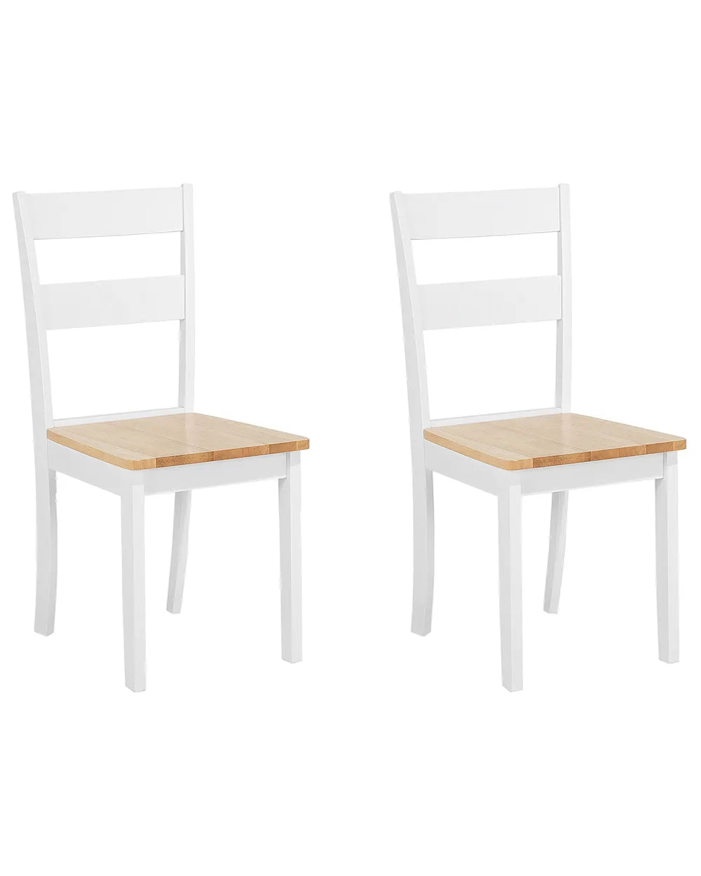 Two white wooden dining chairs with light natural wood seats, shown side by side on a plain white background.