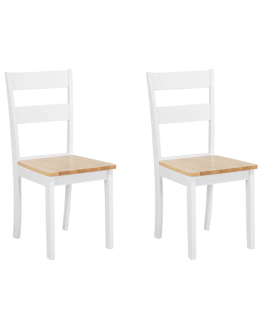 Two white wooden dining chairs with light natural wood seats, shown side by side on a plain white background.