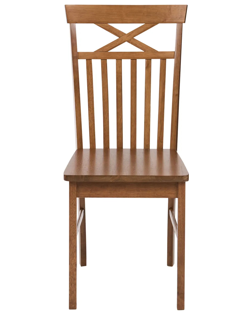 A wooden dining chair with a slatted back featuring an X-shaped crossbar design, shown against a plain white background.