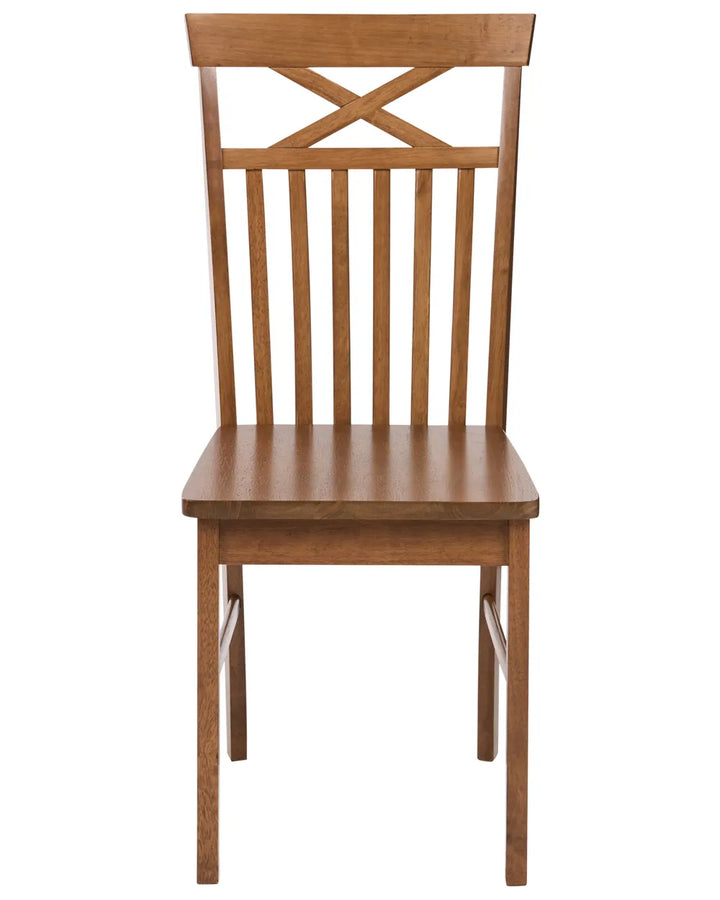 A wooden dining chair with a slatted back featuring an X-shaped crossbar design, shown against a plain white background.