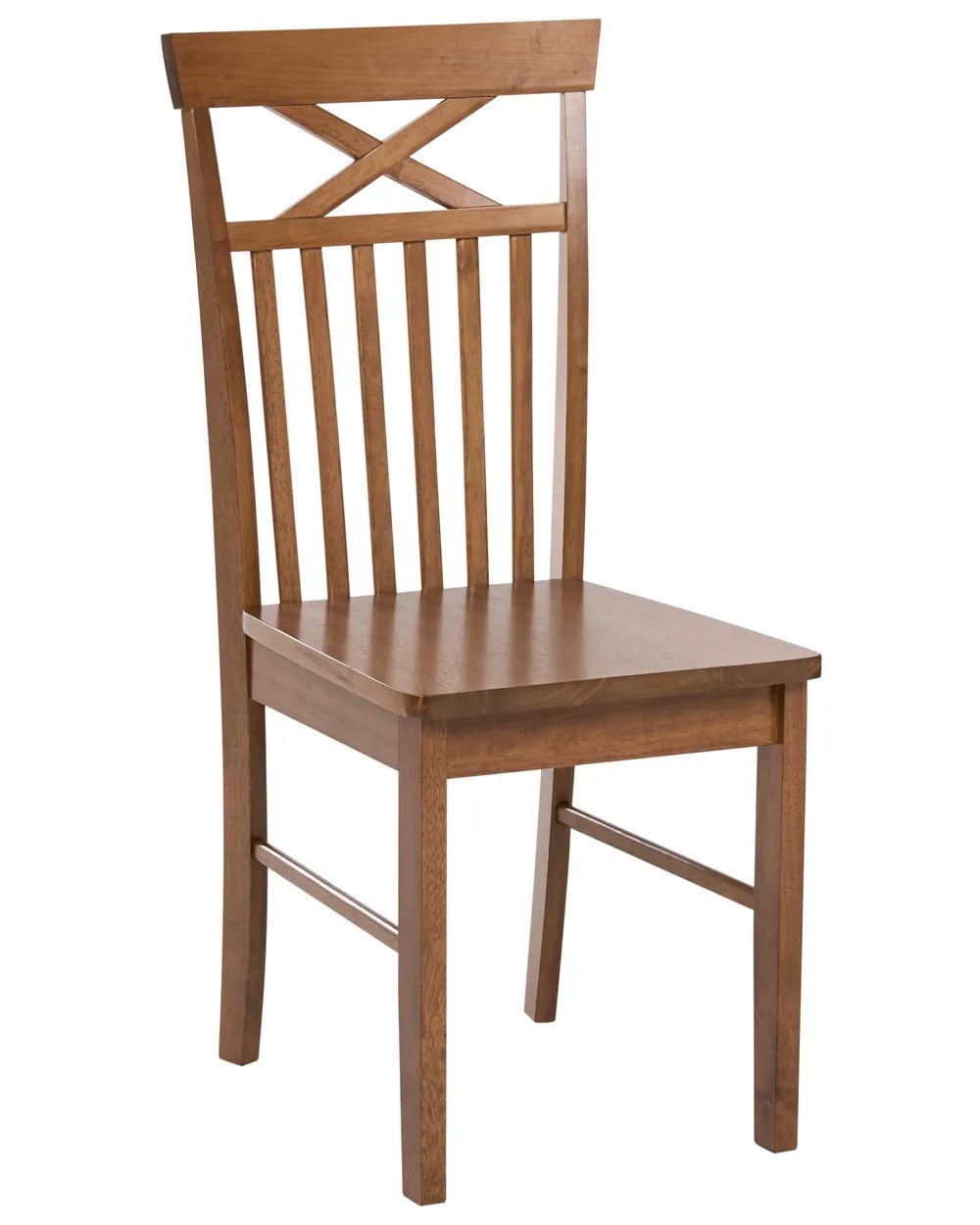 A wooden dining chair with a slatted back featuring an X-shaped cross at the top, a square seat, and front support legs, shown on a plain white background.