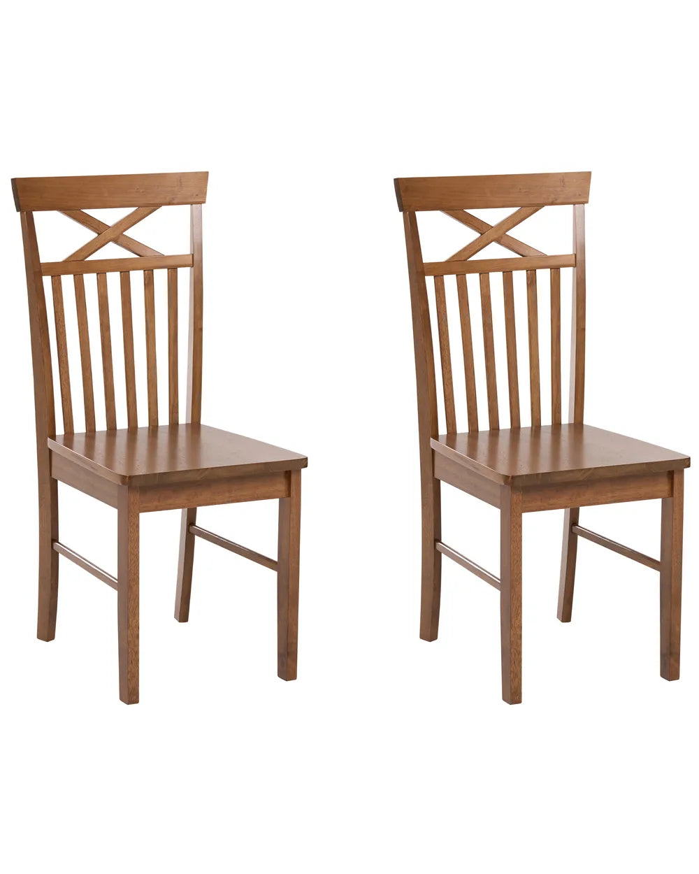 Two matching wooden dining chairs with vertical slats and crossed backrests, shown on a plain white background.