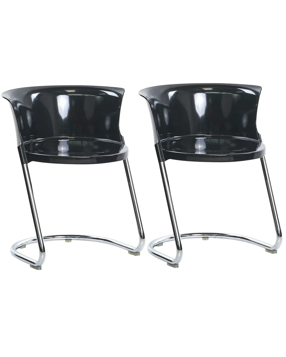 Two modern black bar stools with curved high-back seats and chrome tubular metal legs, shown side by side on a plain white background.