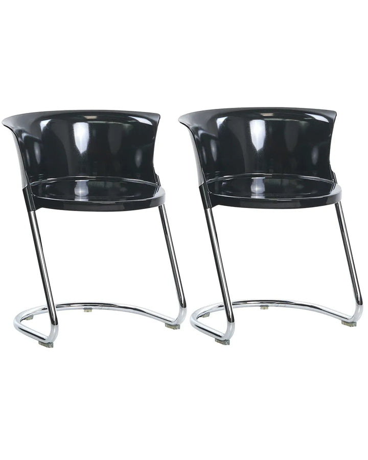 Two modern black bar stools with curved high-back seats and chrome tubular metal legs, shown side by side on a plain white background.