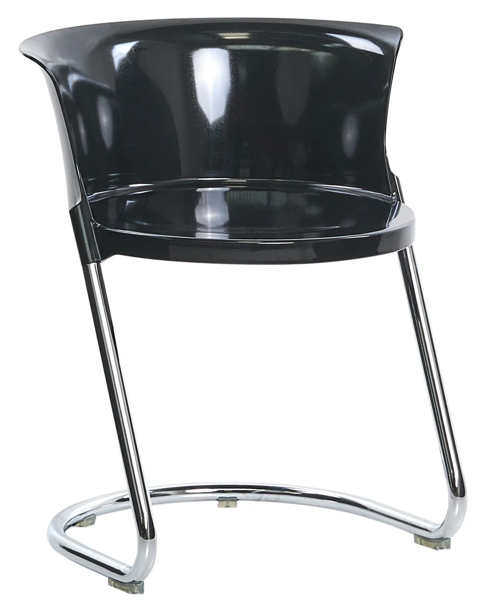 A modern black molded plastic side chair with a curved chrome metal cantilever base, shown against a plain white background.