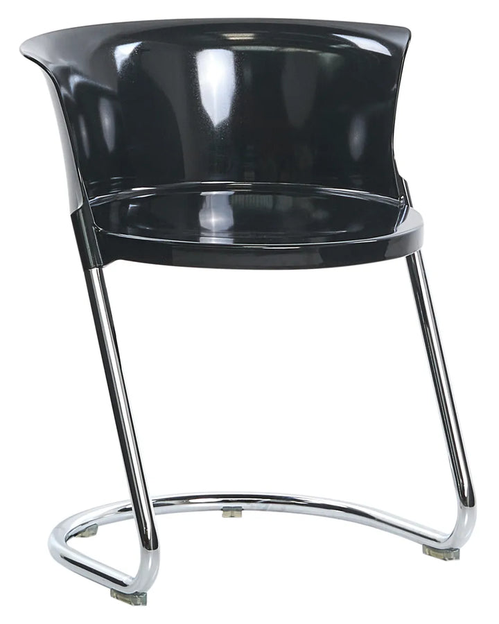 A modern black molded plastic side chair with a curved chrome metal cantilever base, shown against a plain white background.