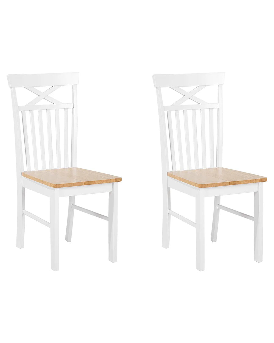 Two white chairs with wooden seats on a white background