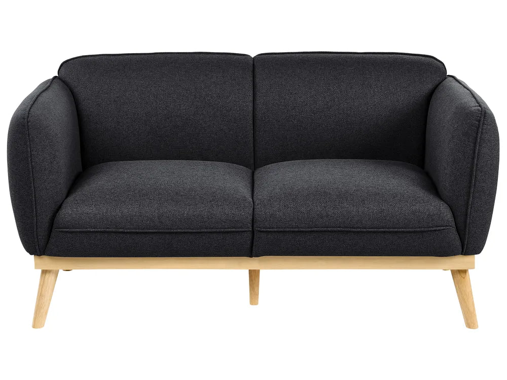 A modern two-seater sofa with dark charcoal gray textured fabric upholstery and light natural wood legs, shown against a plain white background.