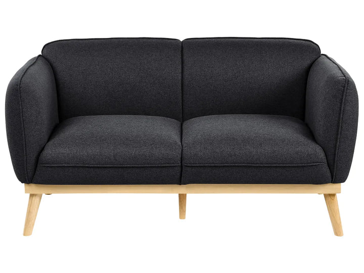 A modern two-seater sofa with dark charcoal gray textured fabric upholstery and light natural wood legs, shown against a plain white background.