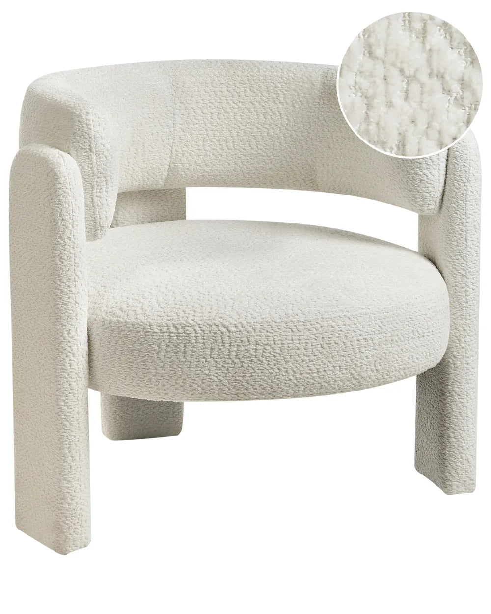 A modern low-profile accent chair upholstered in a textured bouclé fabric in off-white, featuring a circular inset detail of the fabric texture.