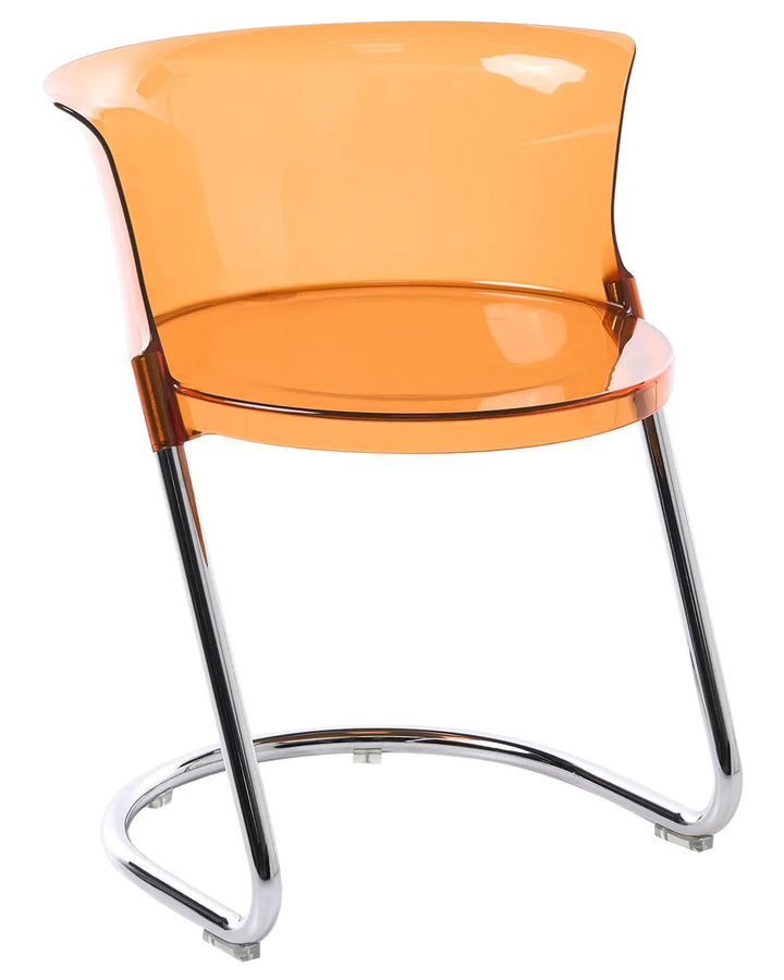 An amber translucent plastic side chair with a curved chrome metal cantilever base, isolated on a white background.
