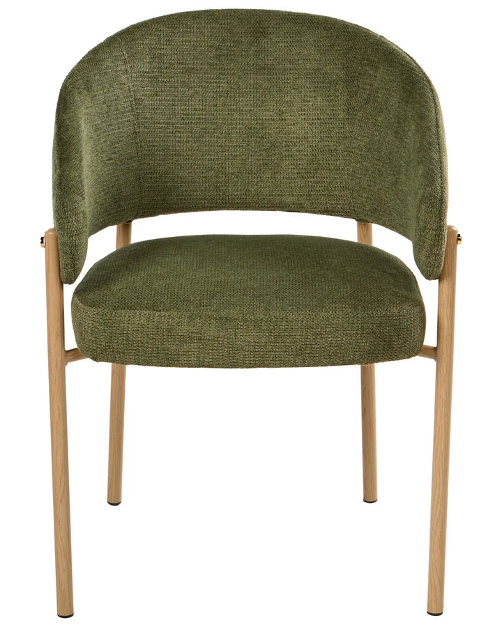 Green upholstered chair with wooden legs on a white background