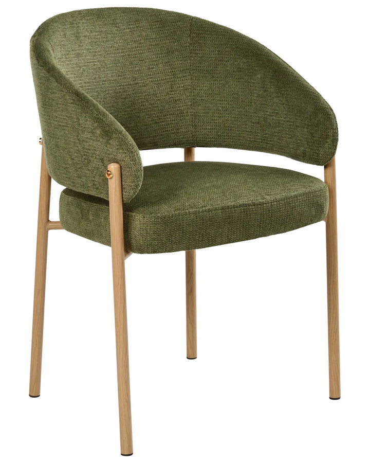 Green upholstered chair with wooden legs on a white background