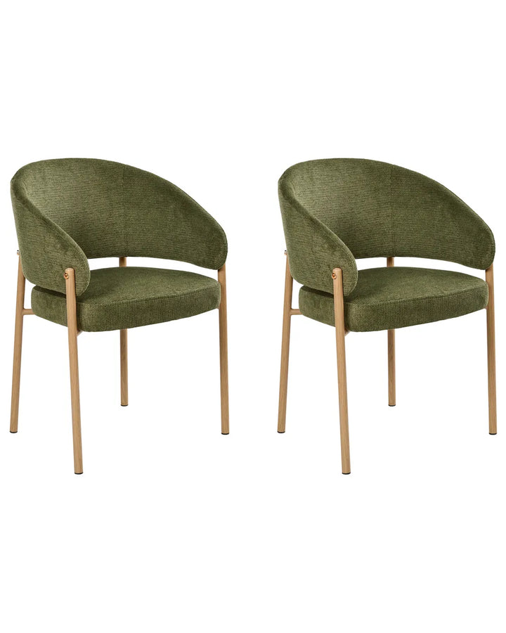 Two green chairs with wooden legs on a white background