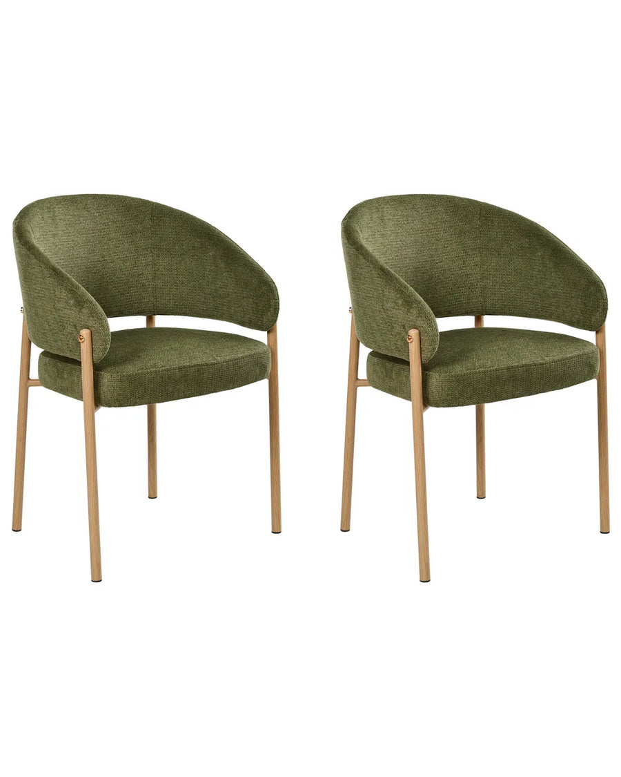 Two green chairs with wooden legs on a white background