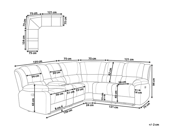 Black and white line drawing schematic of an L-shaped sectional sofa with multiple dimensions and measurements labeled in centimeters.
