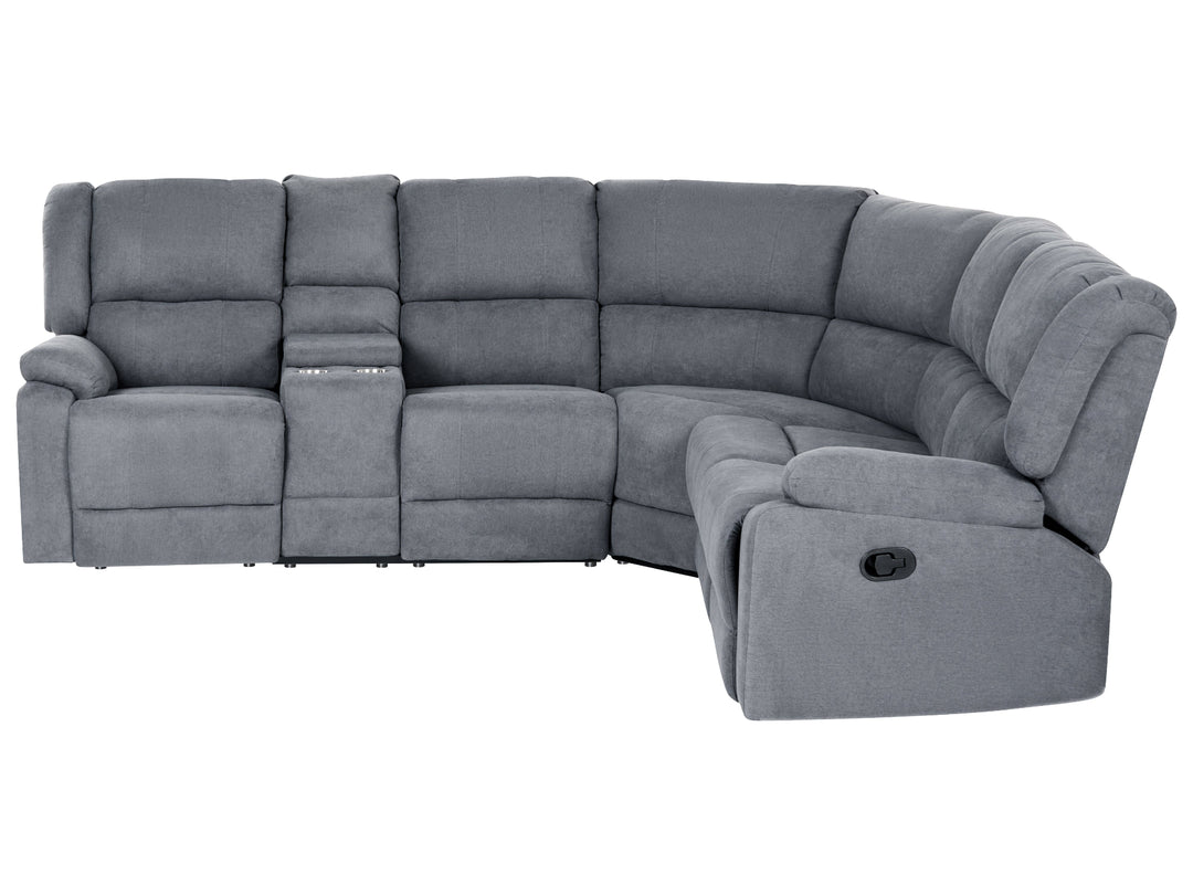 Gray upholstered reclining sectional sofa with a center console and right-side chaise, shown on a plain white background.