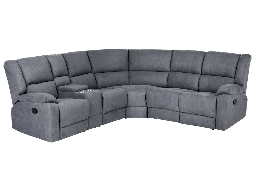 A gray fabric sectional sofa with a curved L-shape design, featuring plush segmented back cushions, padded armrests, and a central cup holder, shown against a plain white background.