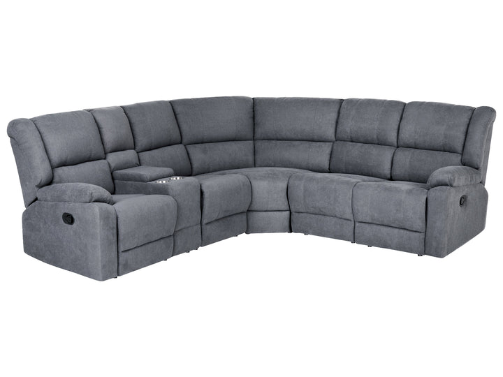 A gray fabric sectional sofa with a curved L-shape design, featuring plush segmented back cushions, padded armrests, and a central cup holder, shown against a plain white background.