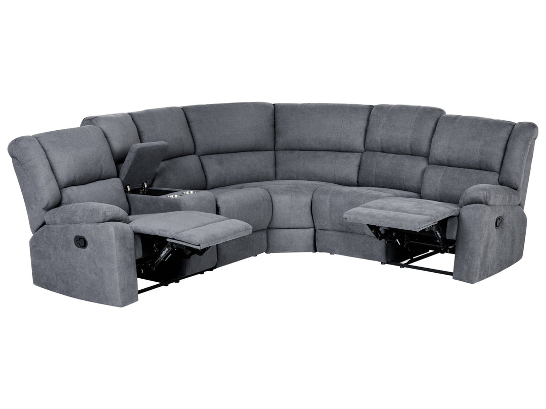 Gray fabric reclining corner sectional sofa with two extended footrests and a center console cup holder, shown on a white background.