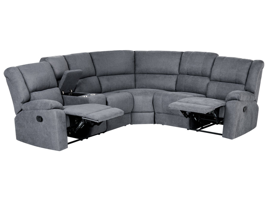 Gray fabric reclining corner sectional sofa with two extended footrests and a center console cup holder, shown on a white background.