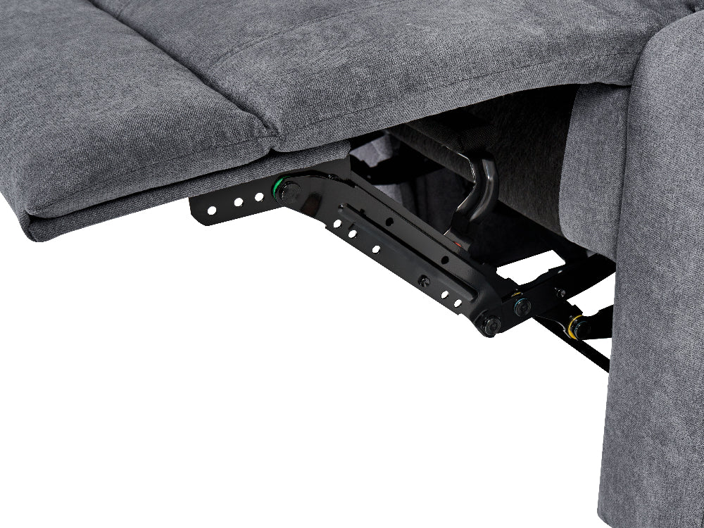 Close-up of a gray upholstered recliner chair showing the extended footrest and black metal reclining mechanism against a white background.