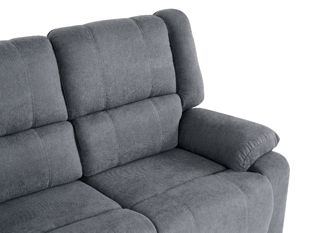 Close-up of a gray upholstered reclining sofa showing the back cushions, armrest, and seat area on a white background.
