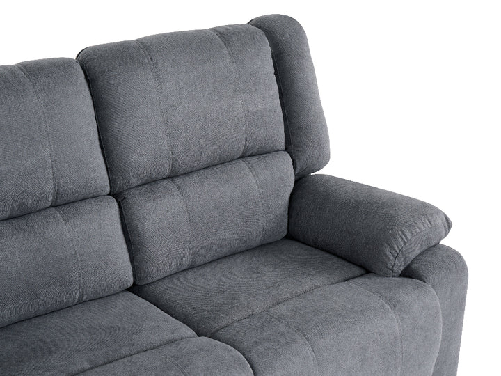Close-up of a gray upholstered reclining sofa showing the back cushions, armrest, and seat area on a white background.