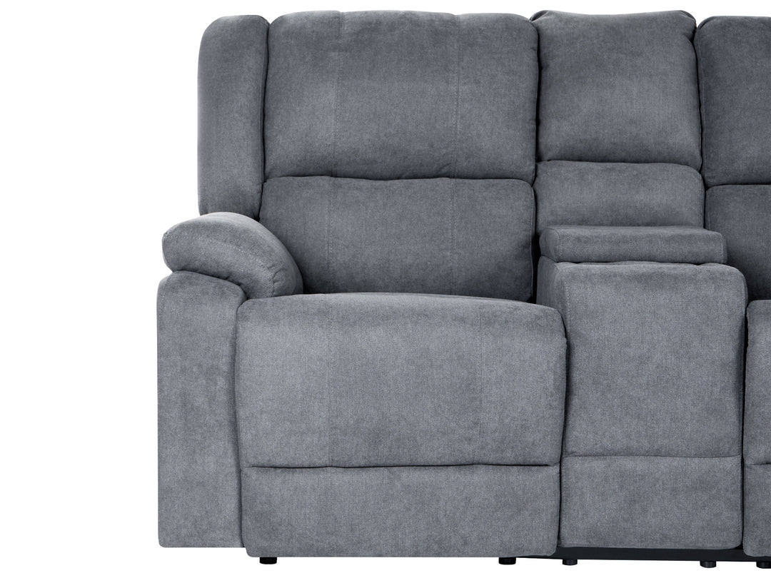 A close-up of a gray upholstered reclining sofa section with padded back cushions, armrest, and side support arm, shown against a plain white background.