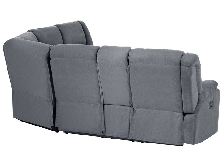 A gray fabric reclining sofa with a curved back and multiple padded seat and back cushions, shown on a plain white background.