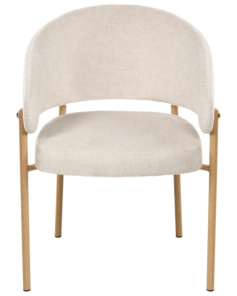 A modern dining chair with a curved backrest and seat upholstered in a textured cream fabric, supported by a light natural wood frame and legs.