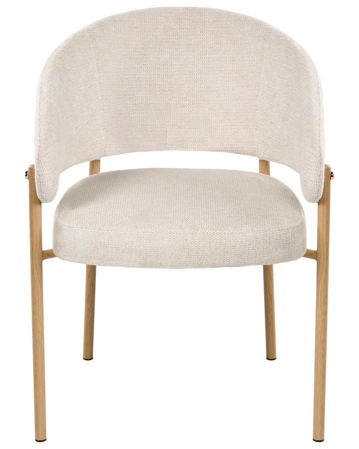A modern dining chair with a curved backrest and seat upholstered in a textured cream fabric, supported by a light natural wood frame and legs.