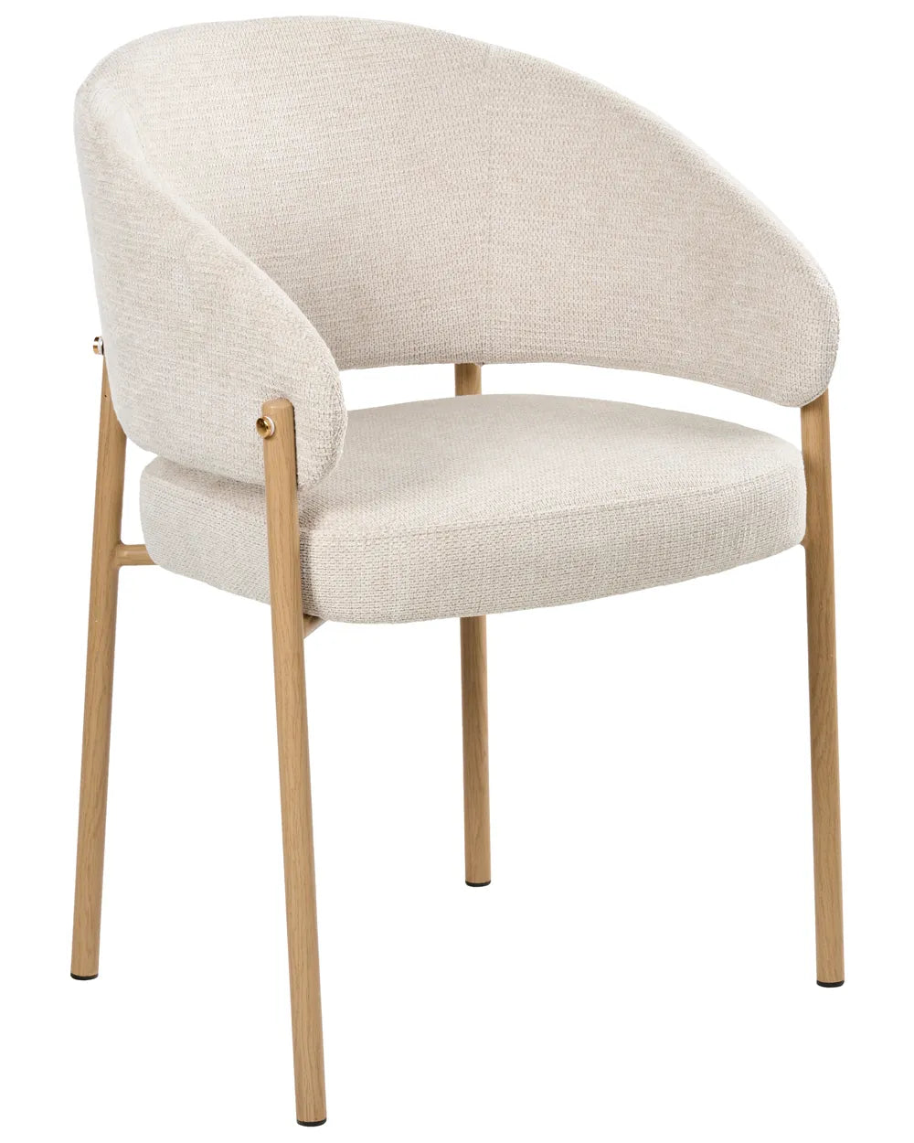 A modern upholstered dining chair with a curved backrest, cream-colored textured fabric, and light natural wood legs and arm supports, shown on a plain white background.