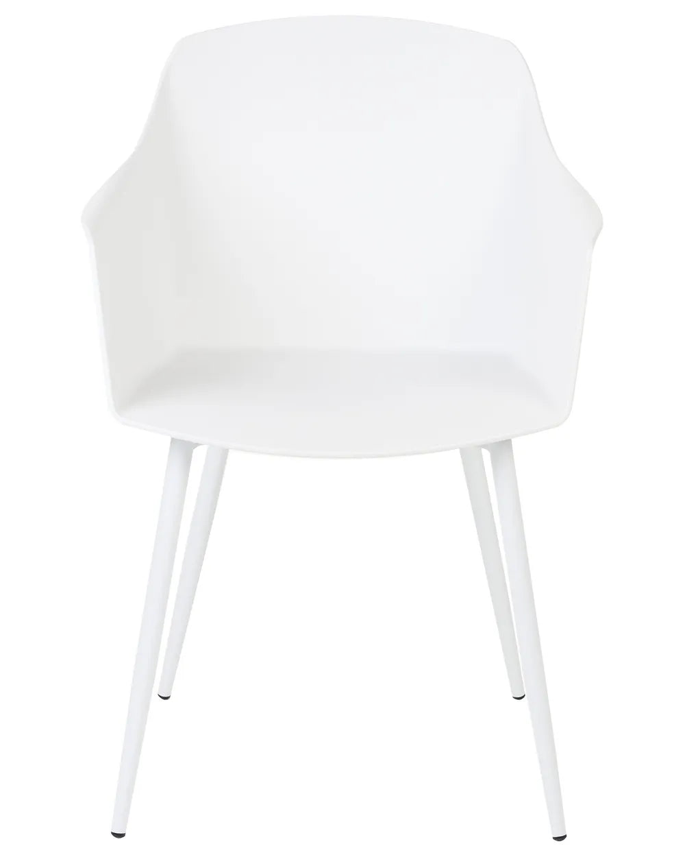 A modern white molded plastic armchair with a high back and four tapered legs, shown against a plain white background.