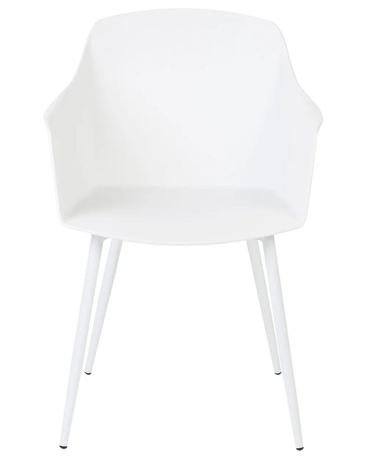 A modern white molded plastic armchair with a high back and four tapered legs, shown against a plain white background.