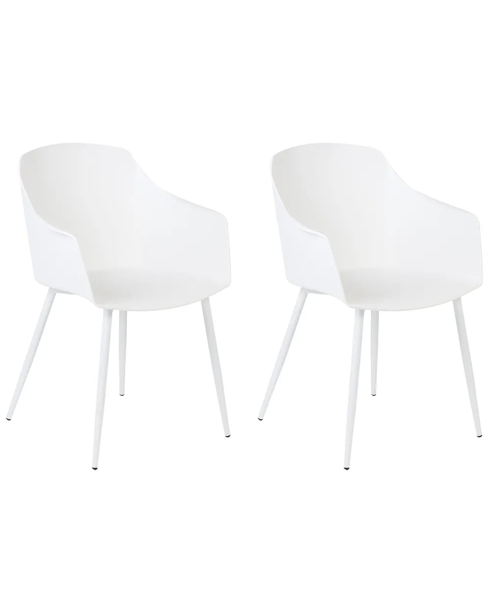 Two modern white molded plastic dining chairs with slim angled legs, shown side by side on a plain white background.